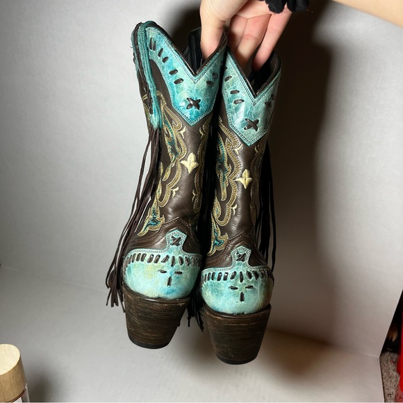 Lucchese Women’s Cowboy Boots 7 B Choc Calf Turquoise Crater Wingtip Fringe - Picture 3 of 6